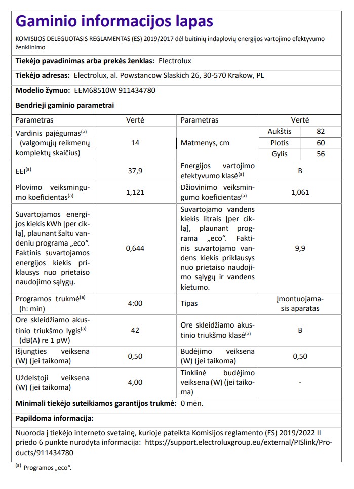 Įmontuojama indaplovė ELECTROLUX EEM68510W